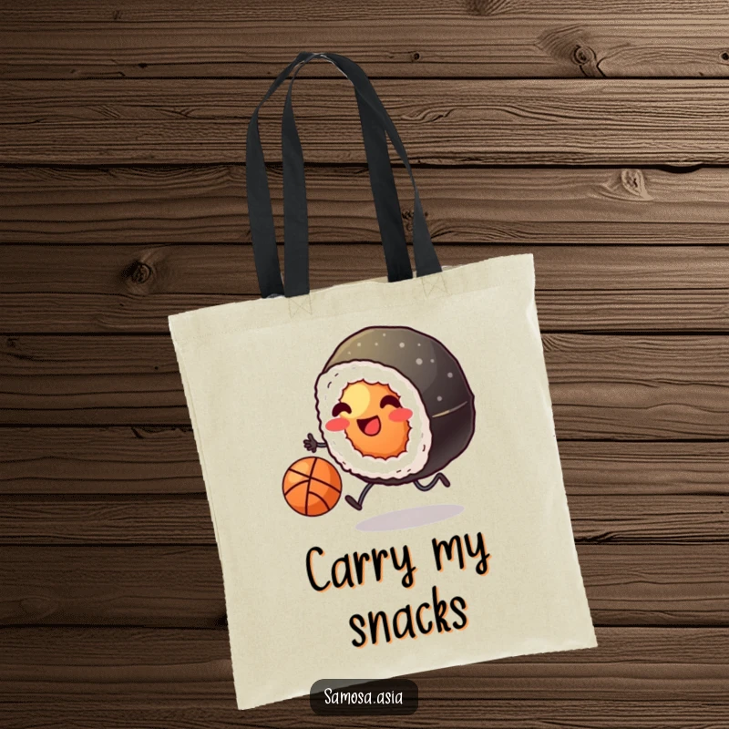 Funny tote bag with a smiling sushi roll on tiny legs kicking a basketball, perfect for stylish and humorous everyday use.