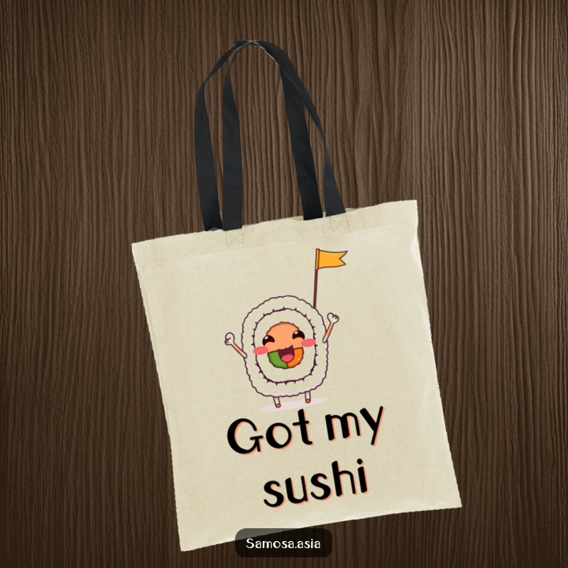 Funny Tote Bag with a cheerful sushi roll character waving a flag, perfect for carrying items with a fun and humorous food theme.